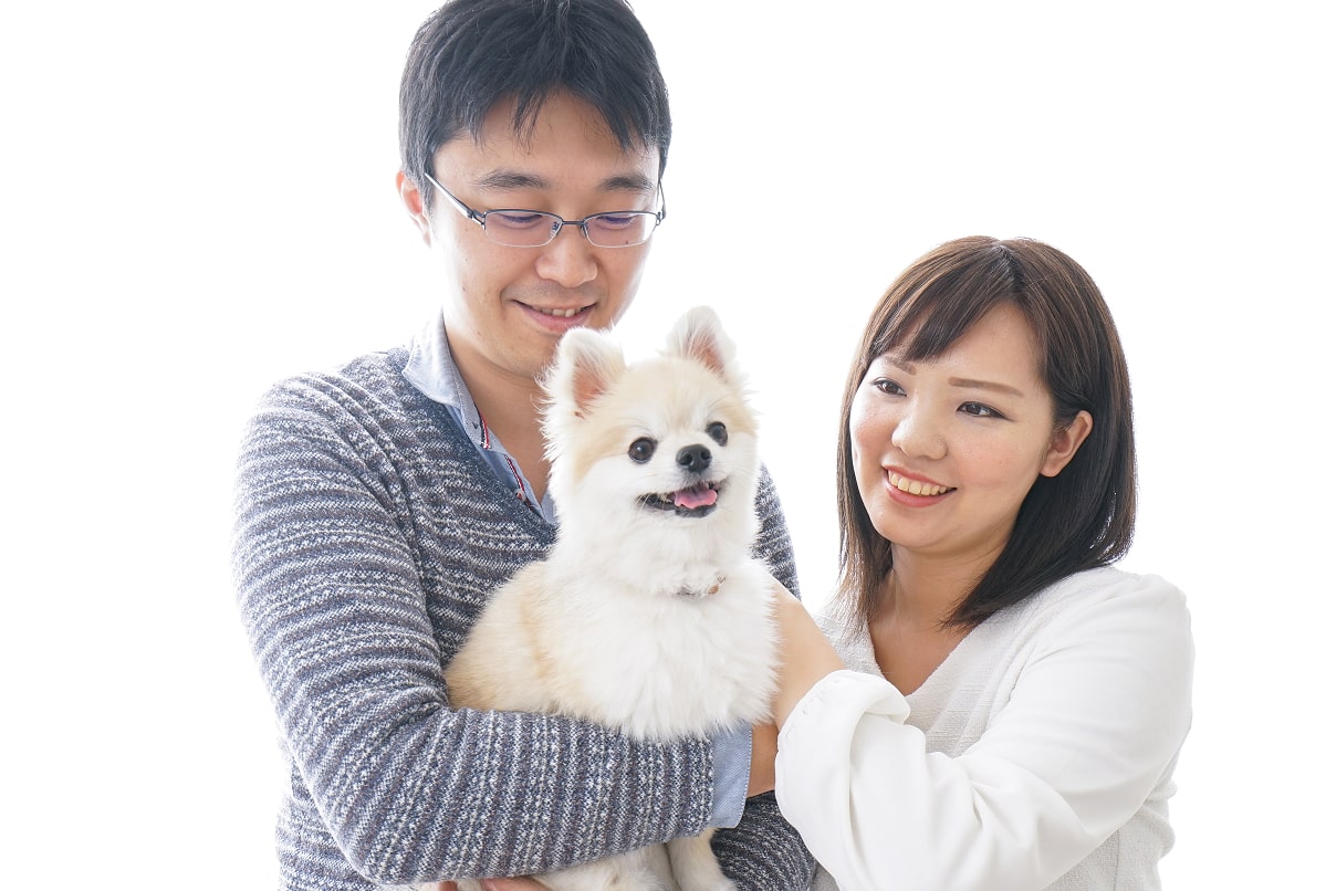 ペットの犬をかわいがる夫婦の写真